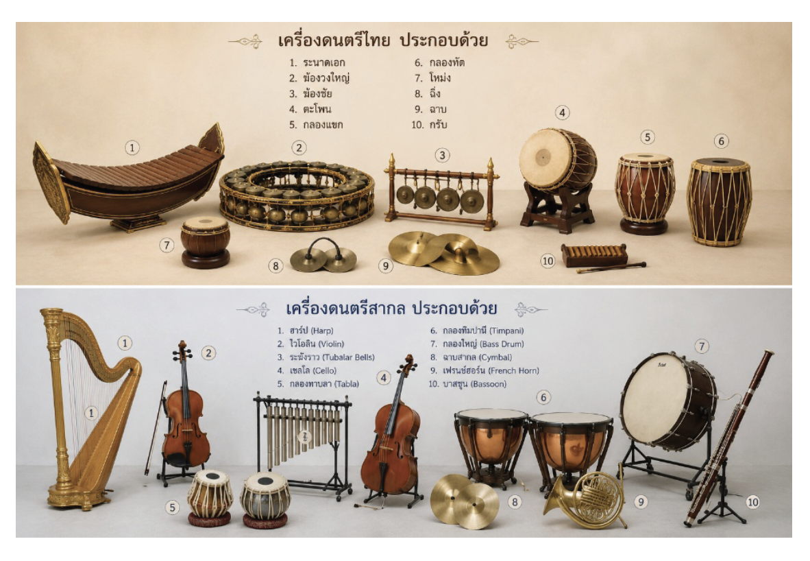 ภาพเครื่องดนตรีไทยและดนตรีสากล