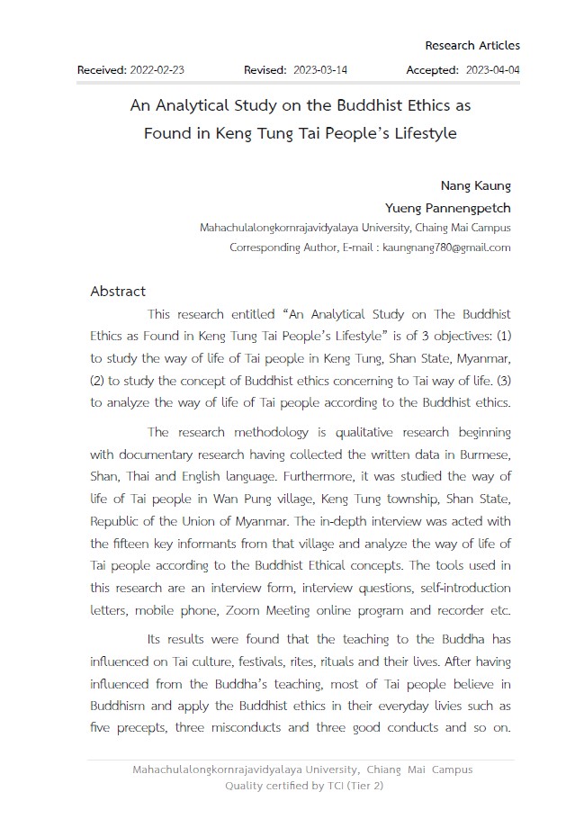 An Analytical Study on the Buddhist Ethics as Found in Keng Tung Tai People’s Lifestyle